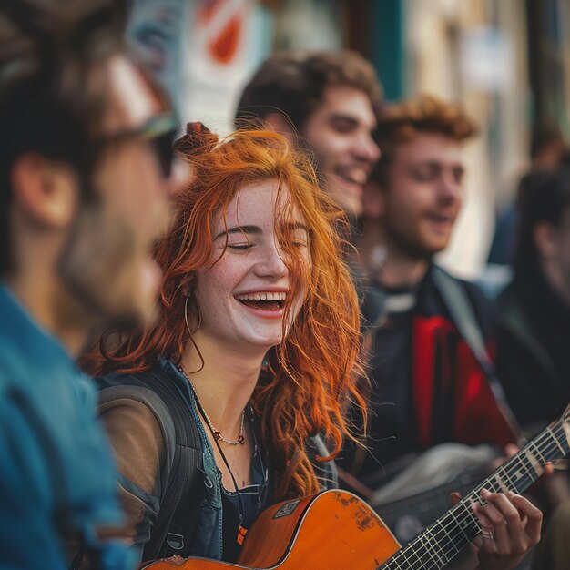 Photo young musicians busking in a bustling city square