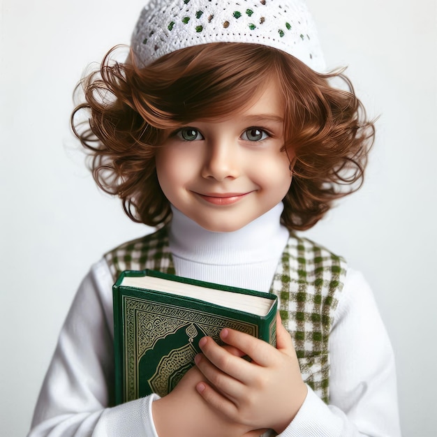 A young muslim boy holding holy quran book