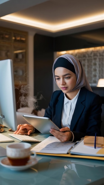 Young muslim businesswoman check product purchase order on stock and save to tablet computer work a