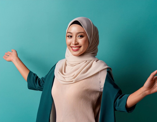 Young Muslim lady with traditional clothes with arms raised