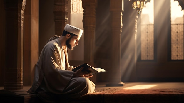 Young Muslim man reading Quran indoors