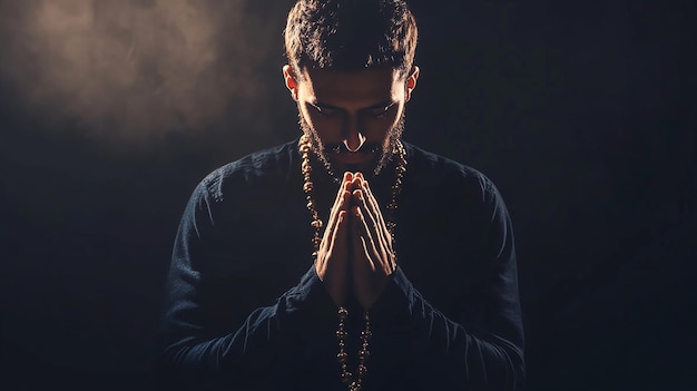 Photo young muslim man with rosary beads praying on dark background