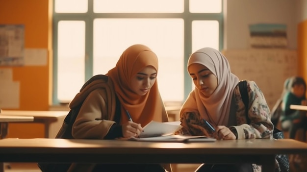 young Muslim woman studying in a classroom