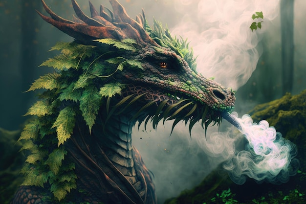 Young mystical forest dragon with smoke coming out of its mouth created with generative ai