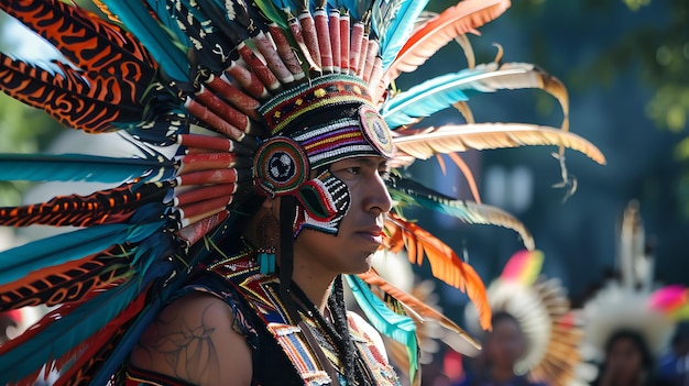 A young Native American man wearing a traditional headdress He is looking to the left of the frame with a serious expression on his face