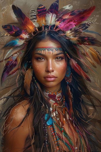 A young Native American woman with vibrant feathers adorning her hair exuding confidence