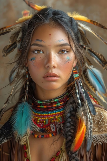 A young Native American woman with vibrant feathers adorning her hair exuding confidence