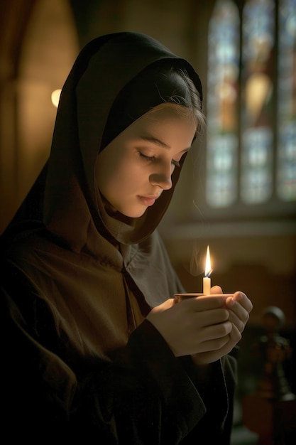 A young nun lighting a candle in a dimly lit church