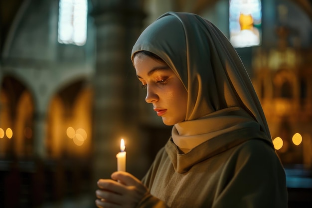 A young nun lighting a candle in a dimly lit church