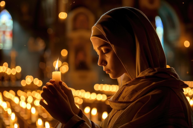 A young nun lighting a candle in a dimly lit church