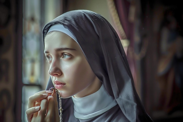 A young nun with a conflicted expression holding a rosary and looking away