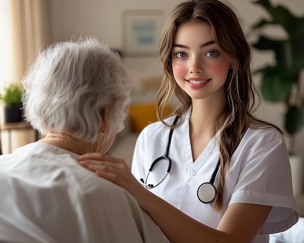 Photo young nurse accompanying an elderly woman sitting in the nursing home