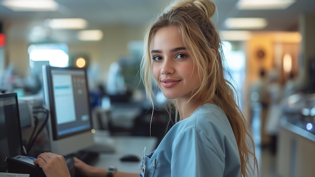 Young nurse answering phone call while working on desktop PC at reception desk in hospital