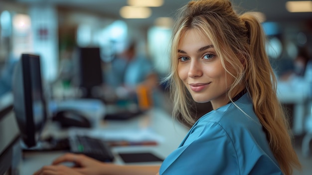 Young nurse answering phone call while working on desktop PC at reception desk in hospital