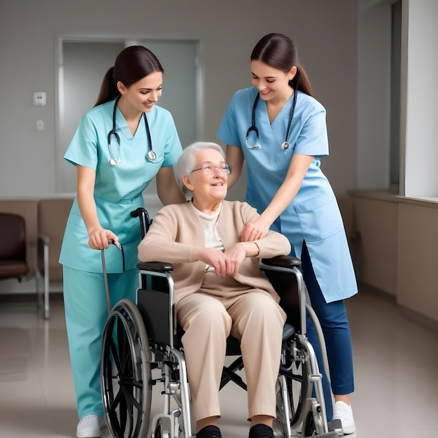 A young nurse assisting a disabled senior woman sitting on wheelchair