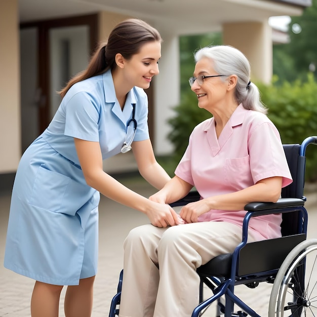 A young nurse assisting a disabled senior woman sitting on wheelchair