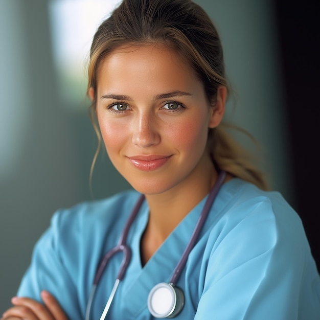 Photo young nurse happily posing