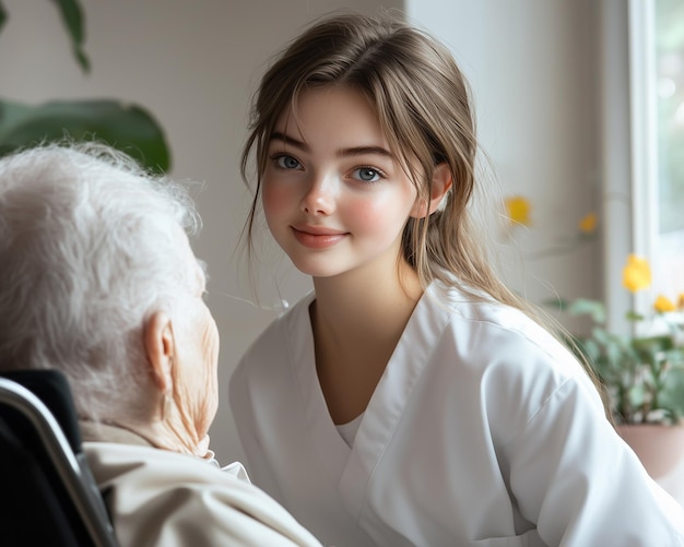 Photo young nurse helping an elderly woman to stand up in a nursing home