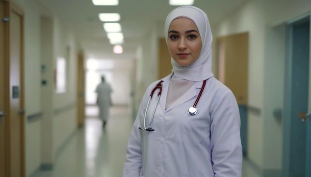 Young nurse in hijab portrait in hospital with stethoscope standing on in hospital