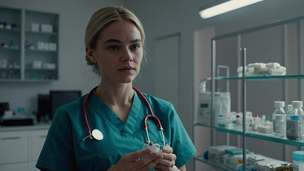 Young Nurse Holding Medications in Modern Clinic