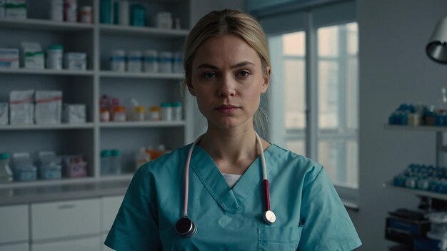 Photo young nurse holding medications in modern clinic