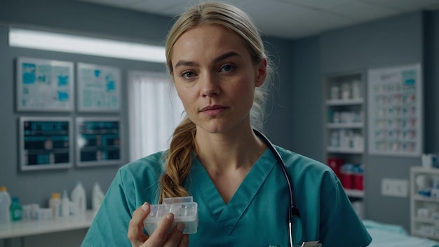 Young Nurse Holding Medications in Modern Clinic