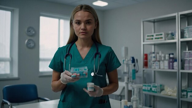 Young Nurse Holding Medications in Modern Clinic