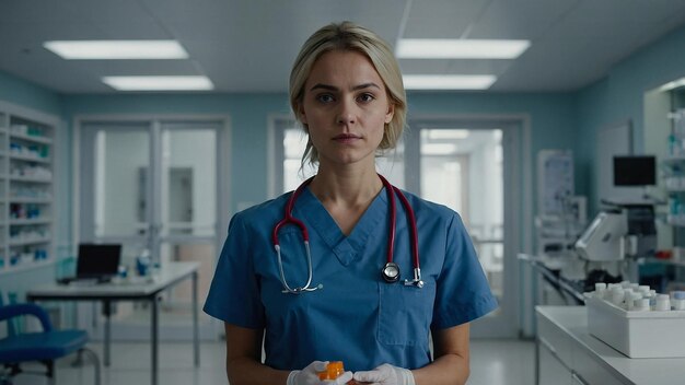 Photo young nurse holding medications in modern clinic