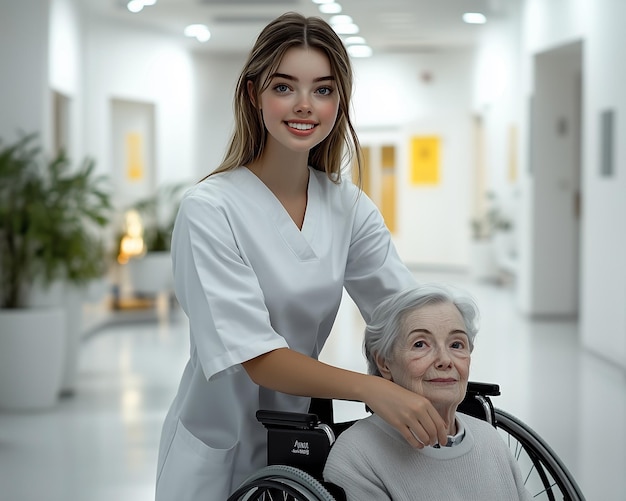 Photo young nurse pushing an elderly woman in a wheelchair down the hallway in a nursing home