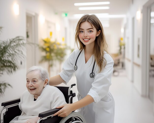 Photo young nurse pushing an elderly woman in a wheelchair down the hallway in a nursing home