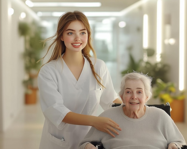 Young nurse pushing an elderly woman in a wheelchair down the hallway in a nursing home