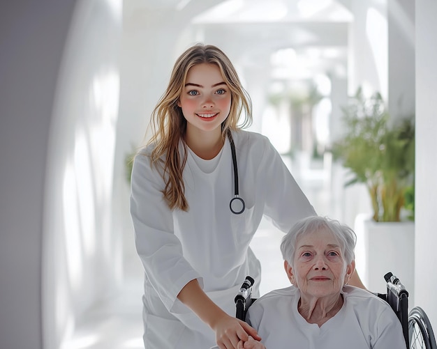 Young nurse pushing an elderly woman in a wheelchair in a nursing home