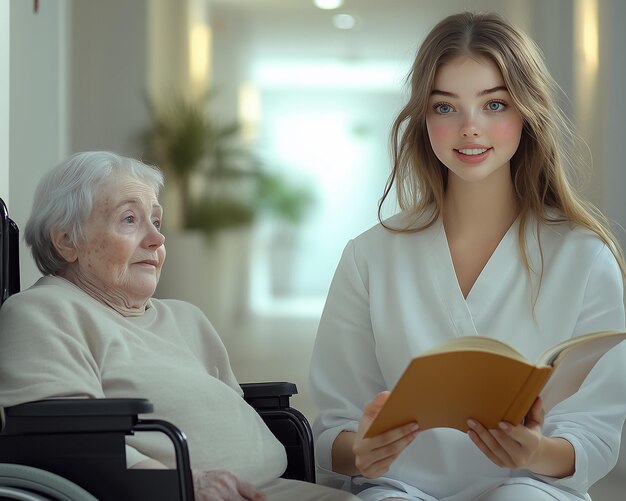 Young nurse reading a book to an elderly woman in a wheelchair in a nursing home