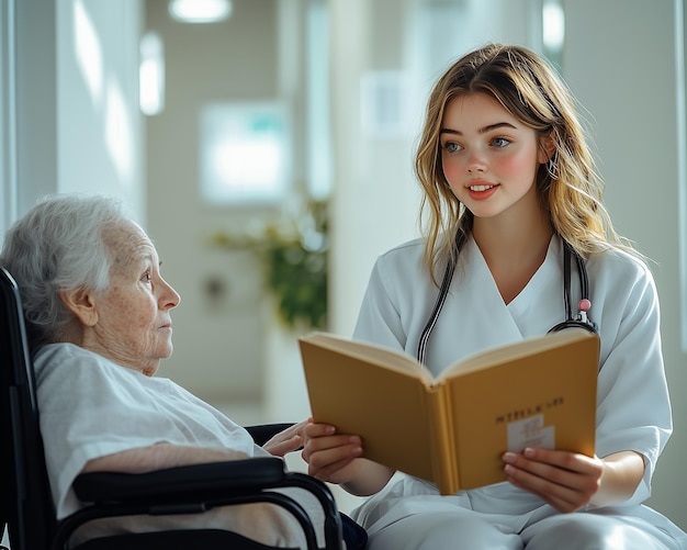 Photo young nurse reading a book to an elderly woman in a wheelchair in a nursing home