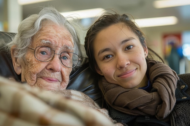 A young nurse sits beside an elderly patient offering comfort and support