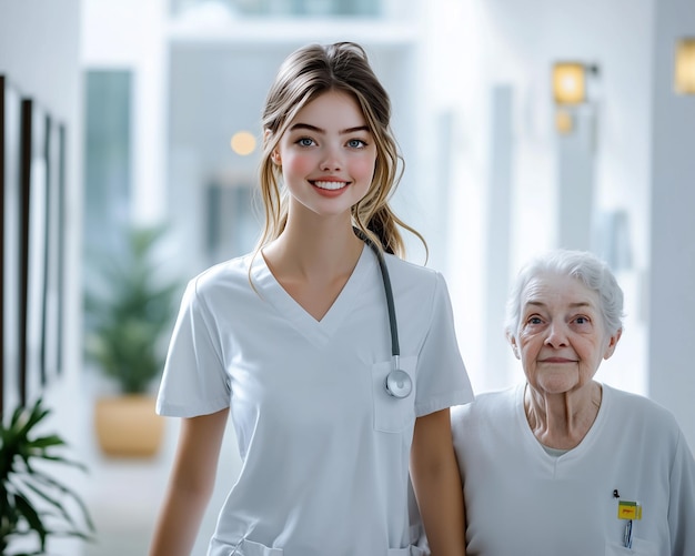 Young nurse walking with an elderly woman down the hallway in a nursing home