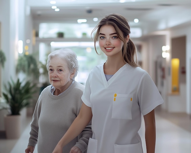 Young nurse walking with an elderly woman down the hallway in a nursing home