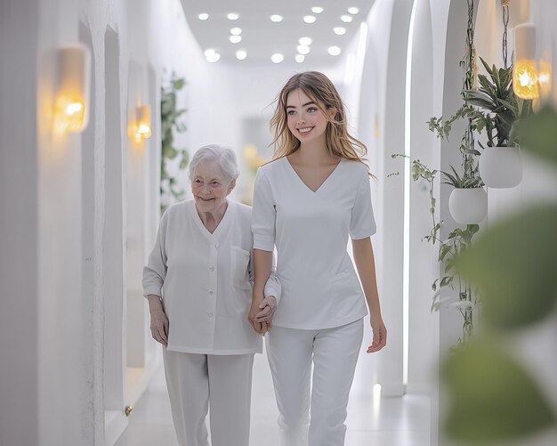 Photo young nurse walking with an elderly woman down the hallway in a nursing home