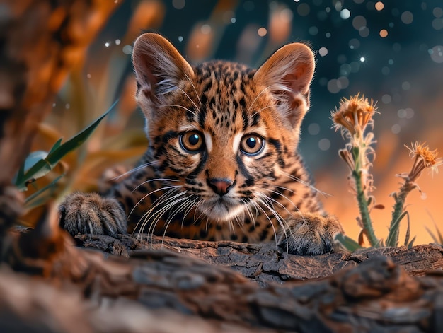 Photo a young ocelot beast under the night sky naturally wild eyes glowing with the mystery of the