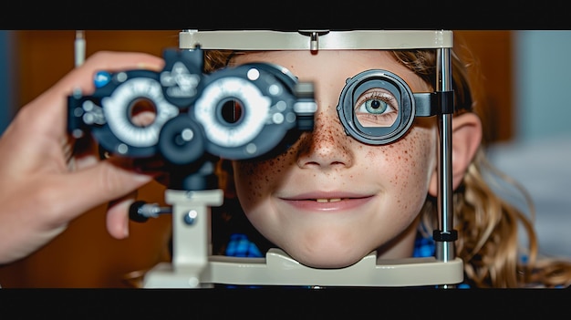 Young patient receiving eye test with phoropter from professional