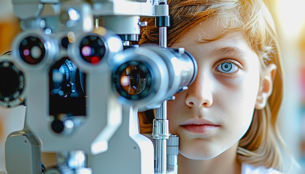 Young patient receiving eye test with phoropter from professional