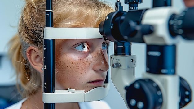 Young patient receiving eye test with phoropter from professional