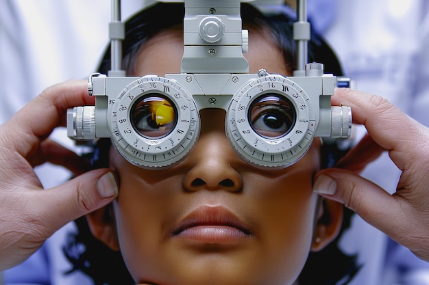 Young patient receiving eye test with phoropter from professional