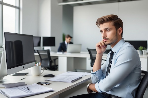 Photo young pensive businessman working at desk in the office and thinking of something there are people in the background