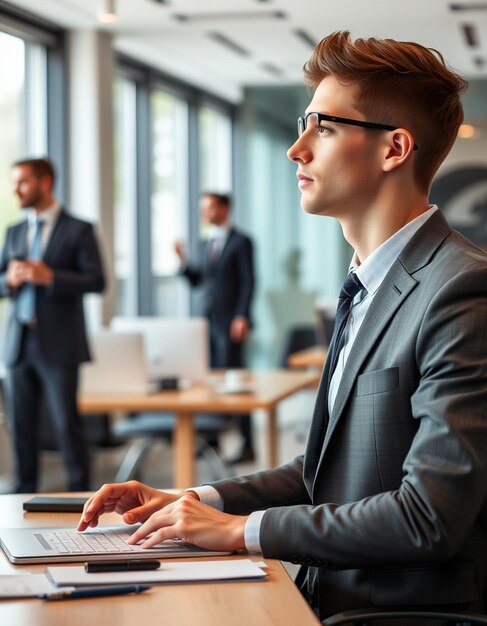 Young pensive businessman working at desk in the office and thinking of something There are people in the background