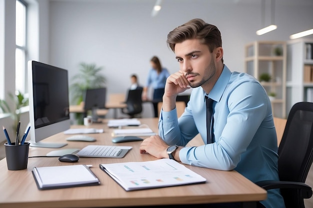 Young pensive businessman working at desk in the office and thinking of something There are people in the background