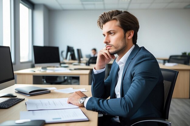 Photo young pensive businessman working at desk in the office and thinking of something there are people in the background