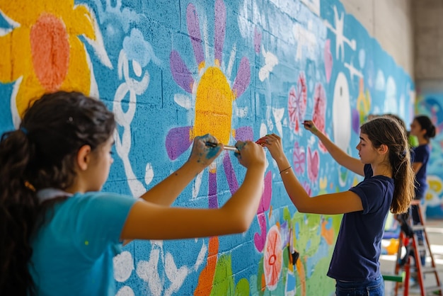 Young People Creating a Vibrant Mural in Progress