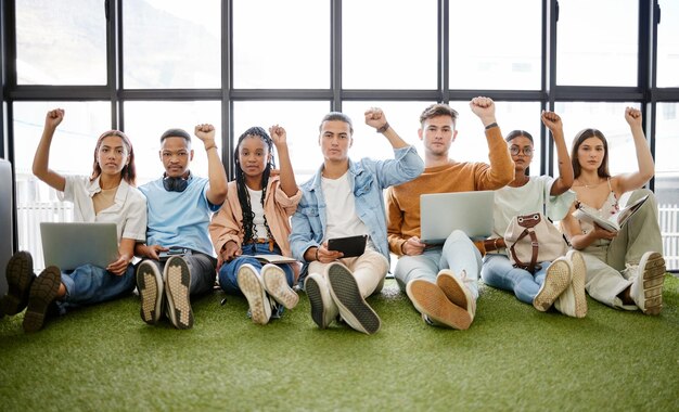 Photo young people diversity and with fist in air for protest solidarity and being serious or sign of stand together iran woman students and with digital devices for online climate justice and movement