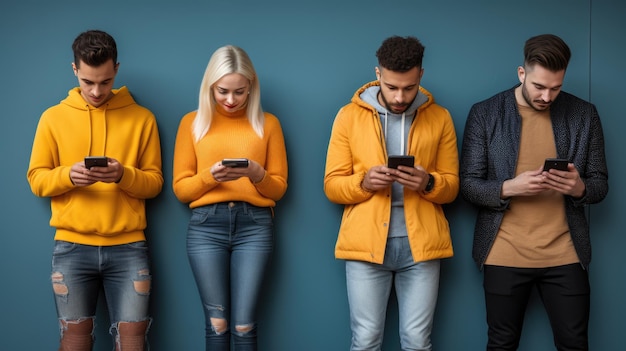 Young people each holding smartphone standing against a wall